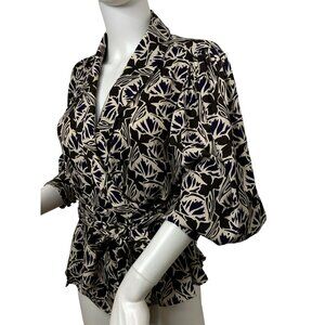 Banana Republic Women’s Blouse S Tie Wrap Floral Brown Tan Purple Long Sleeve